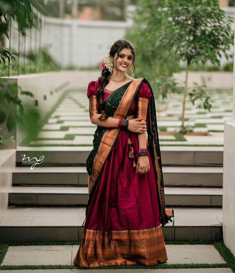 Dhavani Half Saree Color Combos, Tamil Photography, Kerala Half Saree, Engagement Lehengas, Net Saree Blouse Designs, Telugu Culture, Marathi Culture, Onam Outfits, South Indian Bride Saree