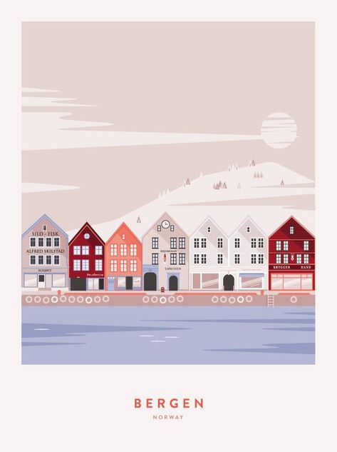 Norway Drawing, Bergen Norway, Travel Illustration, Architecture Illustration, Travel Wall Art, Vintage Travel Posters, Flat Design, Vintage Travel, Retro Poster