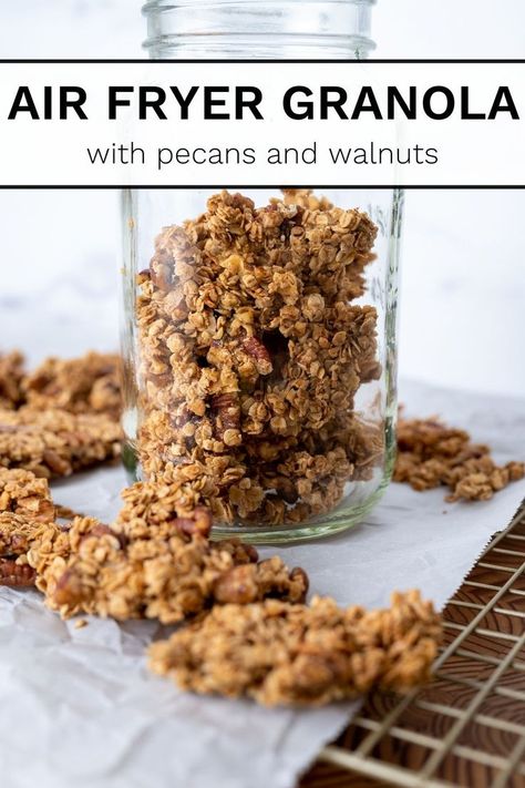 A jar filled with granola clusters. Airfryer Granola, Air Fryer Baked Oats, Air Fryer Granola, Granola Clusters Recipe, Roasted Oats, Homesteading Recipes, Easy Homemade Desserts, Granola Clusters, Healthy Air Fryer