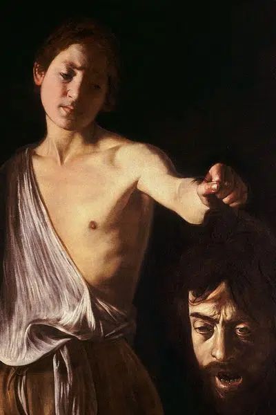 David with the Head of Goliath by Caravaggio in the Borghese Gallery Freya Art, Borghese Gallery, David By Michelangelo, Neoclassical Painting, Michelangelo's David, Baroque Painting, King David, Baroque Art, Larger Than Life