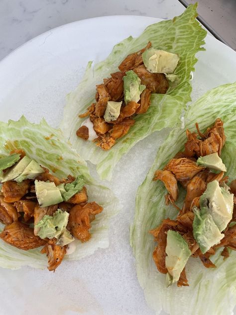 Buffalo Chicken Lettuce Wraps – Katie Austin Buffalo Chicken Lettuce Boats, Chicken Lettuce Boats, Lettuce Boat, Buffalo Chicken Lettuce Wraps, Bacon Lettuce Tomato, Katie Austin, Buffalo Chicken Wraps, Avocado Sandwich, Olive Oil Garlic