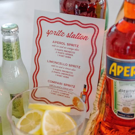 Spritz Station - Escape and Celebrate Spritz Station Sign, Spritz Bar Sign, Diy Spritz Bar, That's Amore Engagement Party, Aperol Spritz Birthday Theme, Aperol Spritz Station, Spritz Station, Pizza Dinner Party, Aperol Spritz Bar