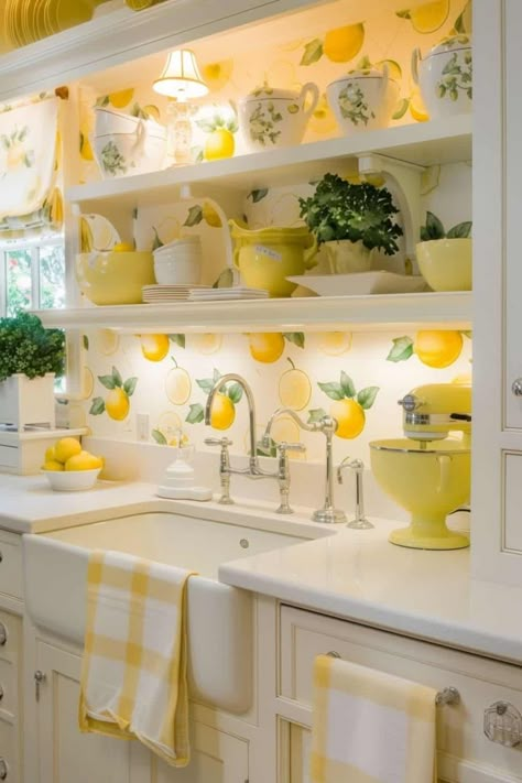 white and yellow lemon inspired kitchen Lemon Themed Kitchen, Yellow Kitchen Designs, Yellow Kitchen Decor, Lemon Kitchen Decor, Lemon Kitchen, Green Kitchen Cabinets, Yellow Home Decor, Themed Kitchen, Lemon Decor