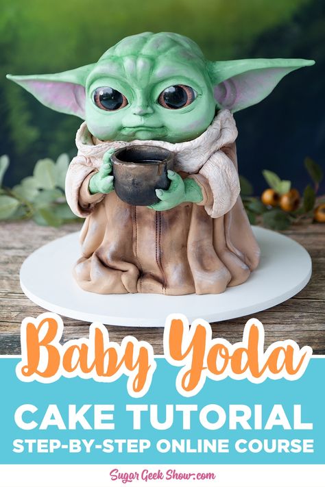 The best tutorial on how to make a super realistic baby yoda cake from Star Wars. Complete with edible sugar eyes, modeling chocolate body, fondant clothes and gummy soup. This sculpted cake tutorial shows every step complete with templates and realistic eye printables. Yoda Cake Tutorial, Baby Toda, Baby Yoda Cake, Alien Cake, Cake Themes, Yoda Party, Glow Cake, Yoda Cake, Star Wars Birthday Cake