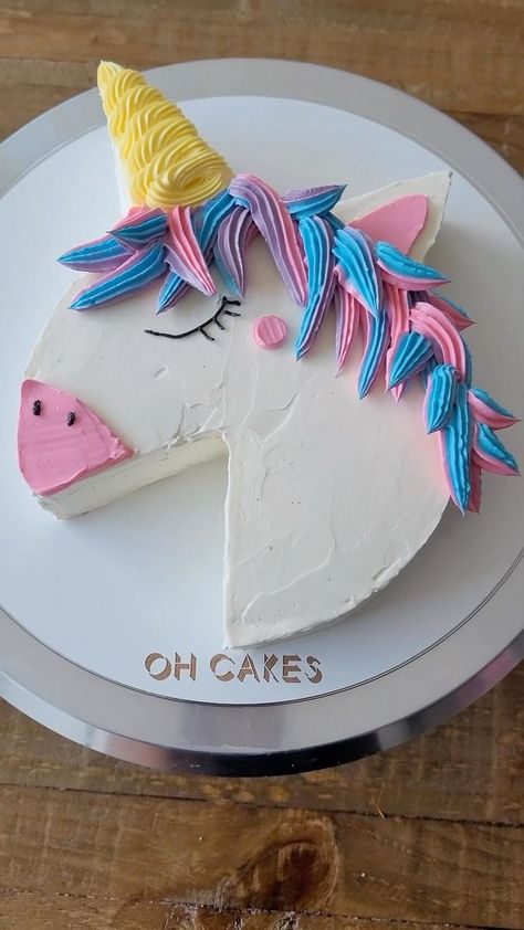 Unicorn cake 🦄: since the butterfly cake was such a success I thought I would look at other fun ways to cut up a round cake. It is so simple and fun. I think I could create a whole series of ideas with this method. . . I love unicorns and this is a quick way without making any fondant decorations. . . Hope you enjoy this video ❤️ . . . #cakeinspo #cakedecorating #cakegoals #cakedecoration #baker #cakeideas #cakecakecake #cakeartist #cakeofinsta #cakestagram #caketrends #instabake #cakedesign # Cake Shapes Ideas Simple, Unicorn Cake Without Fondant, Unicorn Diy Cake, Simple Rainbow Unicorn Cake, Unicorn Shape Cake, Unicorn Shaped Cake, Simple Round Cake Designs, Simple Unicorn Cake Design, Unicorn Cake Easy