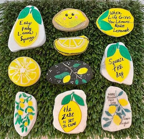 Lemon Rock Painting, Rs Activities, Painted Seashells, Fun Summer Crafts, Happy Rock, Lemon Painting, Diy Rock Art, Cardiac Nursing, Rock Ideas