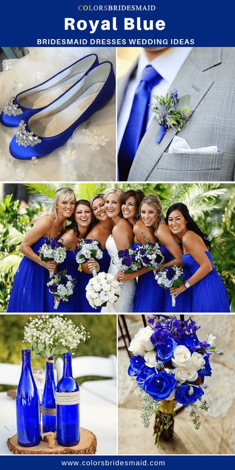 Royal blue bridesmaid dresses long in strapless neckline, pair with royal blue wedding shoes and tie, grey men's suit, and wedding flowers and bouquets in royal blue and white colors. #colsbm #bridesmaids #royalbluedress #weddingideas #royalbluewedding b829 Grey Blue Bridesmaid Dresses, Royal Blue Wedding Theme, Royal Blue Bridesmaids, Royal Blue Wedding Shoes, Wedding Color Palette Summer, Blue Wedding Decorations, Royal Blue Bridesmaid Dresses, Blue And White Wedding, Lavender Bridesmaid Dresses