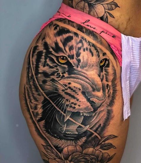 Tiger Leopard Tattoo, Jaguar Hip Tattoo, Hip Tattoo Tiger, Tiger Thigh Tattoo For Black Women, Leopard Hip Tattoo, Tiger Hip Tattoos Women, Tiger Tattoo For Women Thighs, Thigh Tiger Tattoo, Tattoos On Hip