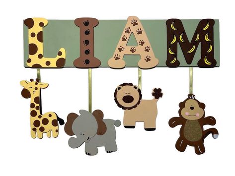 Safari Nursery Wall Decor, Safari Nursery Wall, Jungle Theme Nursery, Safari Animals Nursery, Animals Nursery, Wooden Name Signs, Nursery Letters, Wooden Names, Safari Nursery