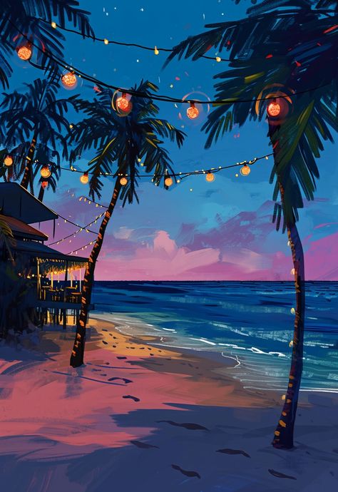 ✨🎨Travel Wall Art with Midjourney Prompts - Click the Link in my Bio🔗👀 Aesthetic Beach Drawing, Beach Background Drawing, Tropical Painting Ideas, Summer Art Aesthetic, Paradise Drawing, Palm Painting, Painting Of A Beach, Beach With Palm Trees, 30 Day Art Challenge