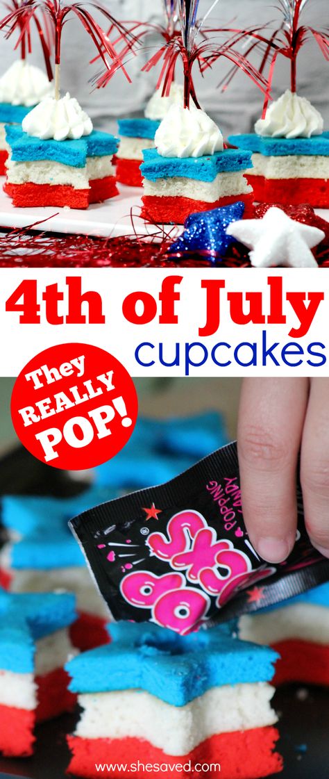 4th of July firework cupcake recipe with Pop Rocks that really pops! 4th Cupcakes, Patriotic Cupcakes, July Desserts, 4th Of July Desserts, Frosting Tips, Blue Cakes, Star Cookies, Cupcake Recipe, Awesome Cakes