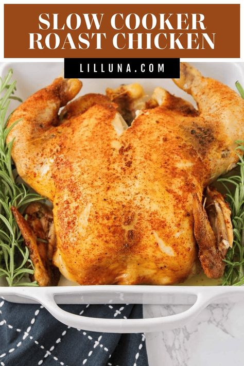 Juicy and flavorful roasted chicken made in the slow cooker! So simple to make an entire chicken with the help of your crock pot. #roastchicken #chicken #crockpot #slowcooker #slowcookerchicken Crockpot Roasted Chicken, Frozen Chicken Crockpot Recipes, Slow Cooker Roast Chicken, Roast Chicken Crock Pot, Frozen Chicken Crockpot, Roast Chicken Seasoning, Chicken Crockpot Recipes Easy, Slow Cooker Roast, Crockpot Roast