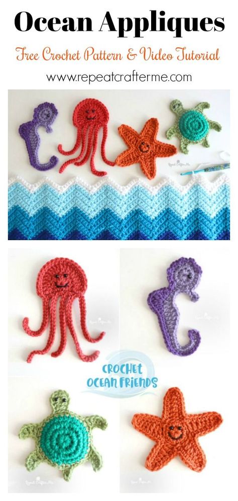 Ocean Starfish Jellyfish Turtle Seahorse Applique Free Crochet Pattern and Video Tutorial Crochet Flat Turtle Pattern Free, Nautical Crochet Patterns Free, Sea Applique, Beach Applique, Nautical Crochet, Turtle Blanket, Bernat Super Value Yarn, Ocean Starfish, Crochet Ripple Pattern