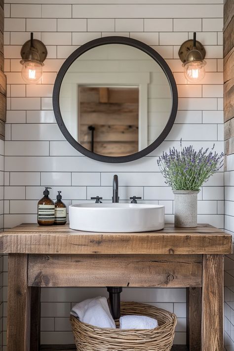 Transform your space with these rustic and modern bathroom ideas! Featuring a blend of wood and white subway tiles, this look is perfect for a cozy yet stylish bathroom makeover. Add greenery for a fresh touch. #ModernBathroomIdeas #HomeDecor #RusticDesign Black And Wooden Bathroom Ideas, Industrial Boho Bathroom Ideas, Bathroom Black White And Wood, Rustic Half Bath Ideas, Rustic Subway Tile Bathroom, Farmstyle Bathroom Modern, Black And White Bathroom With Wood, Rustic Guest Bathroom Ideas, Industrial Farmhouse Bathroom Ideas