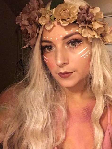 Mythical Elf Fairy Halloween hair and makeup Fantasy Elf Makeup Looks, Diy Women Fairy Costume, Fairy Features Face, Rennisance Faire Makeup, Fairy Tail Makeup, Mythical Makeup, Fairy Makeup Ideas Halloween, Wood Elf Makeup, Fairy Makeup Easy