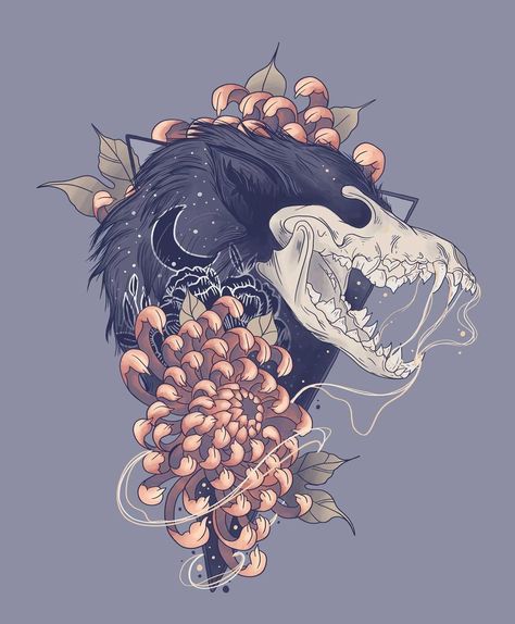 Wolf Skull Illustration, Skeleton Wolf Art, Skull Wolf Art, Animal Skull Tattoo Flowers, Animal Skull And Flowers, Wolf Skull Reference, Animal Skull Wallpaper, Wolf Skull Art, Wolf Skull Drawing