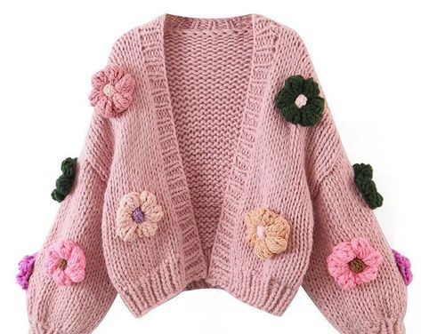 Knitted Daisy Cardigan and Bonnet Baby Girl Set/ Hand - Etsy Turkey Winter Pink Cardigan With Floral Embroidery, Pink Floral Embroidery Cardigan For Winter, Pink Floral Embroidered Winter Cardigan, Cozy Handmade Pink Cardigan, Handmade Bohemian Pink Cardigan, Handmade Pink Bohemian Cardigan, Thick Knit Cardigan, Puff Sleeve Cardigan, Women's Cardigans