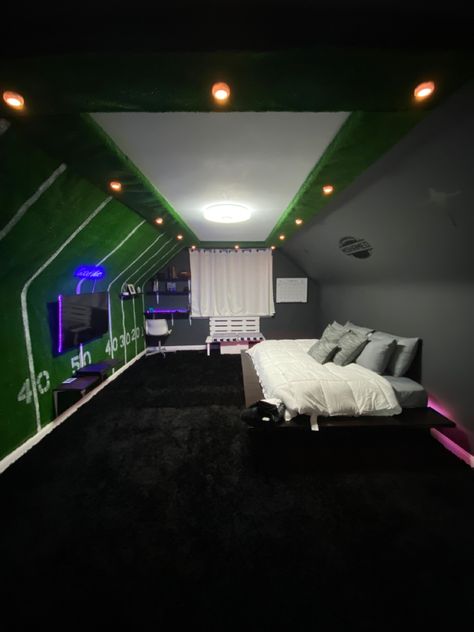 Football, bedroom decor, teen bedroom, boy bedroom Grass Floor Bedroom, Turf In Bedroom, Grass Wall Decoration Ideas Bedroom, Grass Wall Bedroom, Football Bedroom Decor, Bedroom Football, Football Bedroom, Grass Carpet, Bed With Led Lights