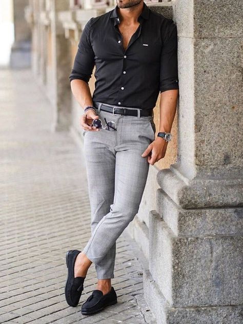 Black Shirt Combination, Grey Pants Outfit, Grey Pants Men, Mens Smart Casual Outfits, Mens Business Casual Outfits, Pants Outfit Men, Formal Men Outfit, Men Fashion Casual Shirts, Formal Mens Fashion