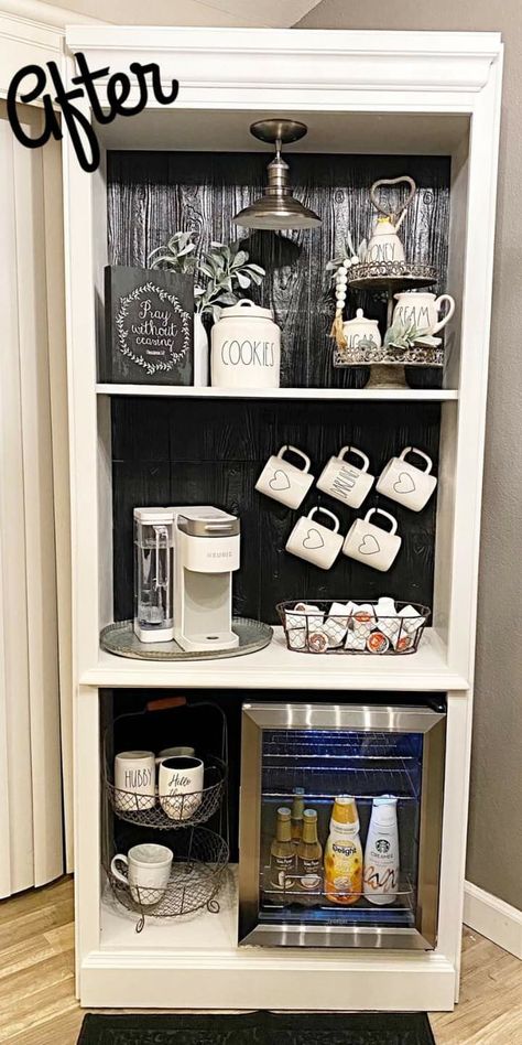 Bookcase Coffee Station, Coffee Station Ideas, Coffee Bar Station, Bar Station, Small Bookcase, Coffee Bar Home, Living Room Accessories, Bar Home, Coffee Station