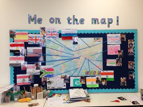 World Map Classroom Display, Countries Eyfs Activities, Diversity Display, Travel Classroom, Me On The Map, Map Display, Diversity In The Classroom, Teaching Displays, Emergent Curriculum