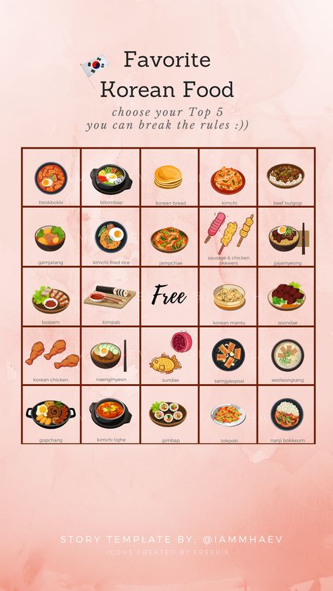 Favorite korean food (bingo) INSTAGRAM STORY TEMPLATE Food Copywriting, Korean Template, Instagram Story Template Background, Food Bingo, Food Instagram Story, Funny Quiz, Basketball Crafts, Fun Templates, Questions To Get To Know Someone