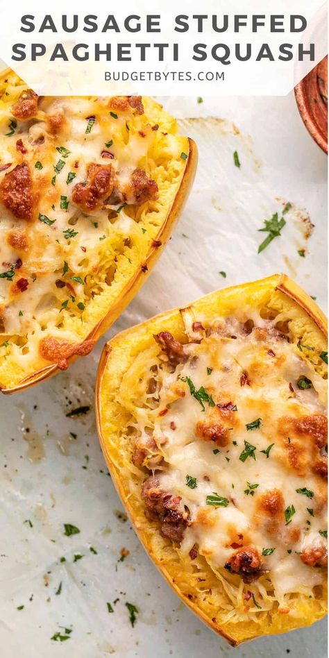 Sausage Stuffed Spaghetti Squash, Italian Sausage Spaghetti, Sausage And Spaghetti Squash, Spaghetti Squash Recipes Easy, Stuffed Spaghetti Squash, Stuffed Squash, Sausage Spaghetti, Baked Spaghetti Squash, Italian Sausage Recipes