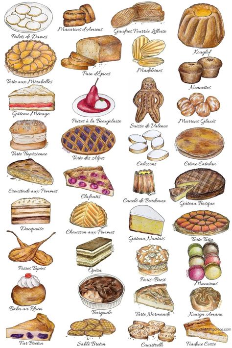 Breads And Pastries, French Cake, French Word, French Dessert, French Desserts, French Pastries, Food Drawing, French Food, Food Illustrations