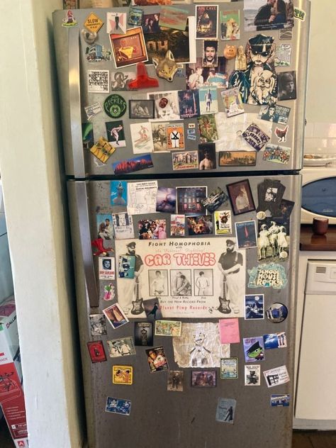 Fridge With Pictures On It, Decorated Refrigerator, Decorated Fridge, Cute Fridge Decor, Aesthetic Refrigerator, Fridge Living Room, Fridge Decoration Ideas, Cluster Aesthetic, Refrigerator Aesthetic