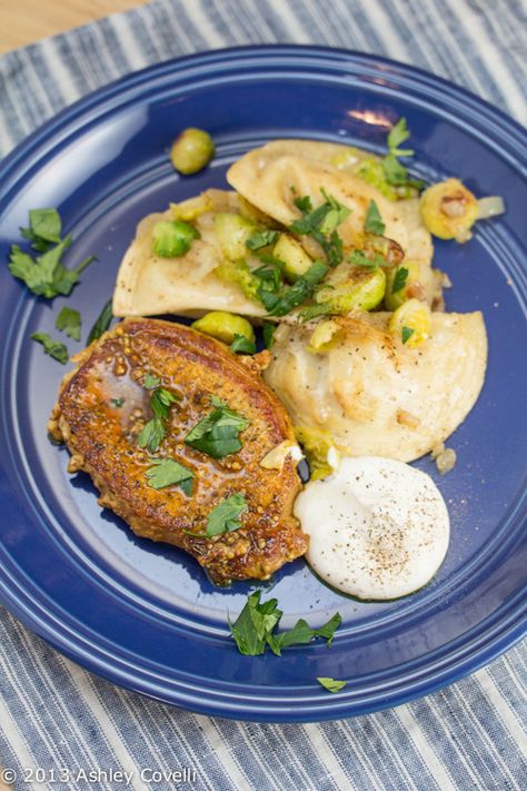 Pork Chops And Pierogies, Mustard Pork Chops, Main Dish Ideas, Roasted Brussel, Dish Ideas, Mustard Dressing, Ethnic Food, Yellow Mustard, Pork Loin