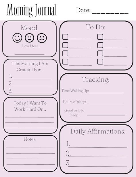 Daily Journal Design Ideas, Easy Daily Journal Ideas, Journal Check In, Daily Journal Template Layout, Daily Mental Check In, Daily Goals Template, Morning Check In, Weekly Check In, Mood Check In