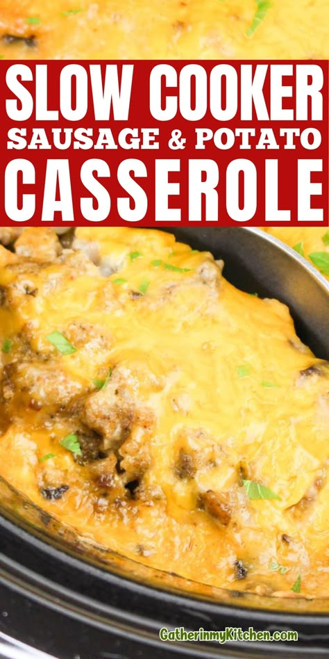 This Slow Cooker Sausage Potato Casserole combines savory sausage, creamy mushrooms, and cheesy goodness for a comforting meal. Perfect for busy days, it layers ingredients and cooks all day, leaving you with a warm, hearty dish to enjoy. Sausage Potato Casserole Crock Pots, Cheesy Sausage Potato Casserole, Cheesy Crockpot Recipes, Ground Deer Sausage Recipe Dinners, Crock Pot Sausage And Potatoes, Slow Cooker Sausage And Potato Casserole, Ground Sausage Crockpot, Ground Sausage Crockpot Recipes, Breakfast Casserole Crescent Roll