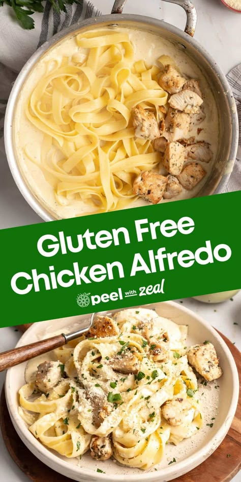 This gluten free pasta recipe with chicken features a creamy flourless alfredo sauce and your favorite GF pasta. Ready in under 30 minutes, gluten-free fettuccini alfredo recipe is quick and easy. Great for weeknight dinners when you are short on time. Add broccoli, sundried tomatoes or frozen peas. Gluten Free Chicken Alfredo, Fettuccine Alfredo With Chicken, Gluten Free Alfredo Sauce, Alfredo With Chicken, Gluten Free Pasta Dishes, Chicken Alfredo Fettuccine Recipe, Fettuccini Alfredo, Chicken Alfredo Recipe, Chicken Fettuccine Alfredo