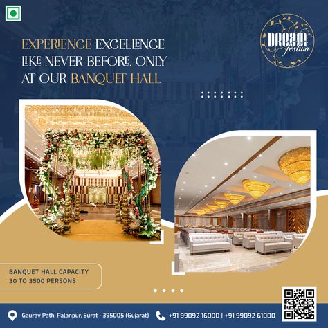 Experience excellence like never before only at our banquet hall. #Dreamfestiva #Restaurant #Banquet #Room #Gardenpartyplot #Surat #food #foodlover #foodie #delicious #events #punjabi #chinese #continental #seminarhalls #ringceremony #marriage #reception #babyshower #wedding #anniversary #business #seminar #kids #birthday #party #conference Banquet Hall Poster Design, Banquet Hall Creative Ads, Business Seminar, Wedding Banquet Hall, Marriage Reception, Hotel Party, Party Hall, Social Media Advertising Design, Social Media Poster