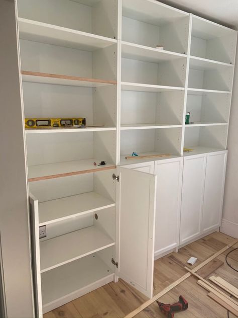 Billy Bookcase Hack Playroom, Open Shelving Toy Storage, Ikea Bookshelf Playroom, Office With Storage Cabinet, Ikea Built In Storage Cabinets, Diy Built In Toy Storage, Ikea Hack Wall Storage, Billy Built In With Doors, Toy Storage With Doors