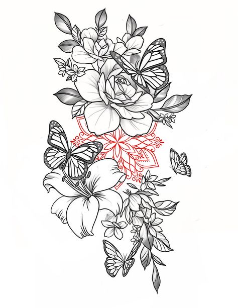 Sleeve Tattoo Inspo For Women, Lotus Garden Tattoo, Add On Flower Tattoo, Dragon And Peony Tattoo, Orchid And Butterfly Tattoo Design, Unique Tattoo Designs Women, Women Sleeve Tattoo Ideas Classy, Large Tattoos For Women Leg, Flower And Butterfly Drawing