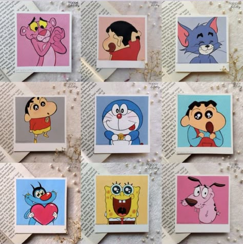 Cartoon Collage Painting, Polaroid Card Ideas, Polaroid Pictures Drawing, Cute Polaroid Paintings, Cartoon Polaroid, Painting Polaroids, Polaroid Drawings, Polaroid Drawing, Polaroid Painting