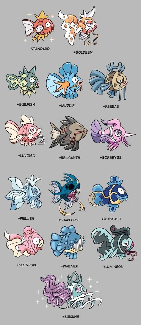 Even Magikarp Can Look Cool When Bred With Other Pokémon Magikarp Drawing, Magikarp Art, Fan Made Pokemon Designs, Pokemon Mareep, Magikarp And Gyarados, Pokemon Subspecies, Pokemon Magikarp, Original Species, Pokemon Mix