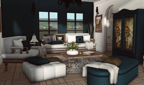 Bloxburg Cozy House Interior, Bloxburg Dark Mansion, Bloxburg Apartment Living Room, Bloxburg Realistic Living Room Ideas, Bloxburg Chair Design, Dark Academia Bloxburg, Bloxburg Modern House Interior, Bloxburg Fireplace, Bloxburg Realistic Living Room