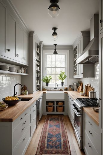 Small galley kitchen design inspiration! Boost functionality and style with these 20 clever ideas, from sleek cabinetry to clever storage solutions. Get ready to transform your compact cooking space - click to explore now! English Galley Kitchen, Small Kitchen Ideas Galley, Kitchen Layout Double Galley, Long Kitchen Ideas, Galley Kitchen Cabinets, Galley Kitchen Design Ideas, Small Galley Kitchen Ideas, Galley Kitchen Ideas Narrow, Small Galley Kitchen Remodel