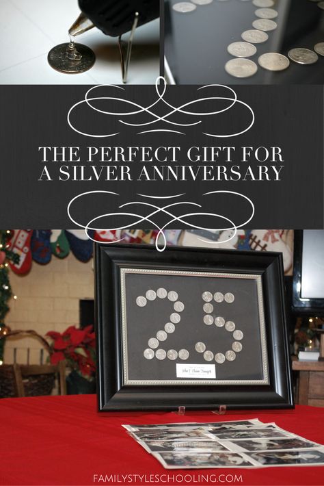 The Perfect Gift for a Silver Anniversary http://familystyleschooling.com/2016/12/19/silver-anniversary-gift/ 25 Year Anniversary Gifts, 25th Anniversary Gift Ideas Couple, 25th Anniversary Gifts For Husband, Silver Anniversary Decorations, Husband Gifts Diy, Happy Anniversary Gifts, 25 Year Anniversary Gift, Silver Wedding Anniversary Gift, Anniversary Crafts