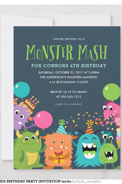 MONSTER MASH KIDS BIRTHDAY PARTY INVITATION invite Halloween Invitations Kids, Kids Halloween Party Invitations, Monster Birthday Invitations, Monster 1st Birthdays, Woodland Birthday Party, Monster Birthday Parties, Kids Birthday Party Invitations, Monster Birthday, Party Invitations Kids