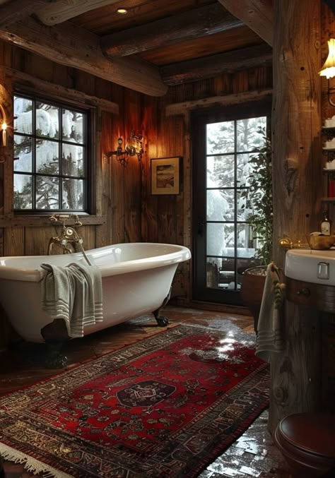 Victorian Cabin Interior, Log Cabin Homes Interior Bathroom, Cabins In The Woods Interior, Log Cabin Renovation, Log Cabin Bathroom, Cabin Bathroom Ideas, Copper Fixtures, Cabin Homes Interior, Awesome Bathrooms