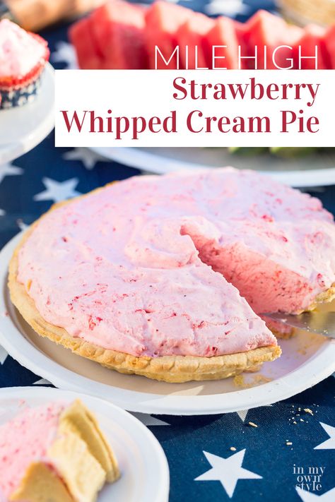 Strawberry pie recipe. Berries, cream and a few other ingredients whipped up and then piled high into a baked crust and frozen. It will please everyone no matter what their age. A real crowd pleaser recipe that can be made in advance. #strawberryrecipes #strawberries #pie #frozenpie #berrypie #icecreampie #party #dessert #frozendessert Strawberries Pie, Strawberry Cream Pie Recipe, Whipped Cream Pie, Strawberry Cream Pies, Strawberry Pie Recipe, Strawberry Pie Filling, Strawberry Whipped Cream, Lemon Bar, Pie Filling Recipes