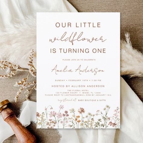 $1.28 | Wildflower Boho First Birthday Garden Invitation - elegant script calligraphy, floral, boho chic, wildflower is turning one, baby girl, flowers, garden, for kids, our little wildflower, budget Boho Daisy First Birthday, Rory Birthday, Boho First Birthday, Garden Invitation, Wildflower Party, Wildflower Design, Wildflower Baby Shower, Script Calligraphy, Elegant Birthday