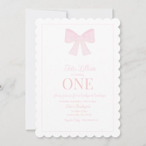 Pink Bow Invitation Grandmillennial Preppy | Zazzle Birthday Invitation Design, Bow Invitation, Watercolor Bow, Pink First Birthday, Blue Birthday Parties, Kids Birthday Themes, First Birthday Themes