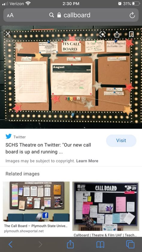 Call Board Ideas Theatre, Drama Club Bulletin Board Ideas, Drama Classroom Aesthetic, Theater Bulletin Board Ideas, Theatre Classroom Aesthetic, Theatre Bulletin Board Ideas, High School Theatre Classroom, Theatre Teacher Aesthetic, Theatre Classroom Decor