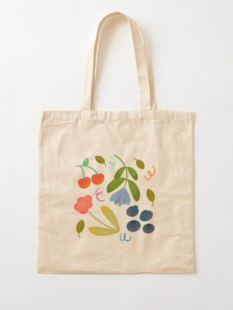 "Cute Summer Fruits and Flowers" Tote Bag for Sale by KippyScratch | Redbubble Artistic Tote Bags For Spring, Fruit Tote Bag Painting, Artistic Summer Canvas Tote Bag, Fruit Tote Bag, Summer Flower-shaped Canvas Bag, Artistic Spring Tote Bag, Flowers Tote, Summer Tote Bags, Painted Tote