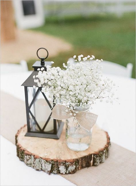 white baby's breath and lantern wedding centerpiece for rustic wedding ideas ขวดโหล Mason Jar, Red Barn Wedding, Rustic Wedding Decorations, Cupcake Stands, Babies Breath, Rustic Wedding Centerpieces, Tree Wedding, Center Pieces, Wedding Centerpiece