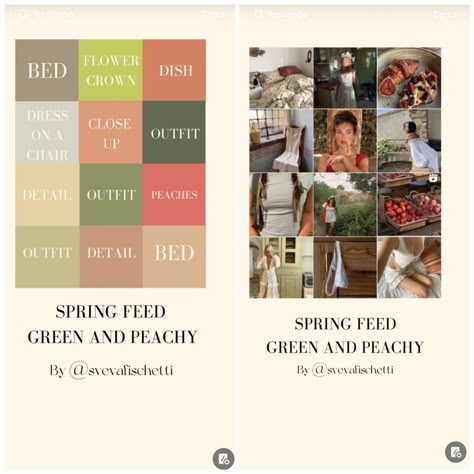 Colorful Instagram Feed Design, Cottage Core Instagram Feed, Spring Feed Instagram, Ig Color Palette, Instagram Color Palette Theme, Spring Instagram Feed, Instagram Feed Color Palette, Instagram Color Scheme Feed, Instagram Theme Ideas Color Schemes